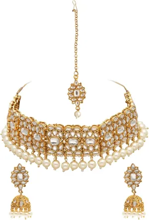 New Bodha Traditional Indian Silver Plated Kundan Pearl Choker Bridal Necklace Combo Jewelry Set With Tikka and Earrings for Women