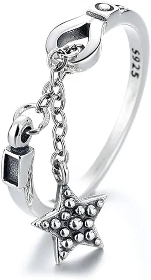 NewZenro Vintage Star Chain Tassel Asymmetric Tiny Open Rings Dainty 925 Sterling Silver Adjustable Small Thin Statement Finger Rings Minimalist Charm Dangle Expandable Knuckle Rings for Women Bff