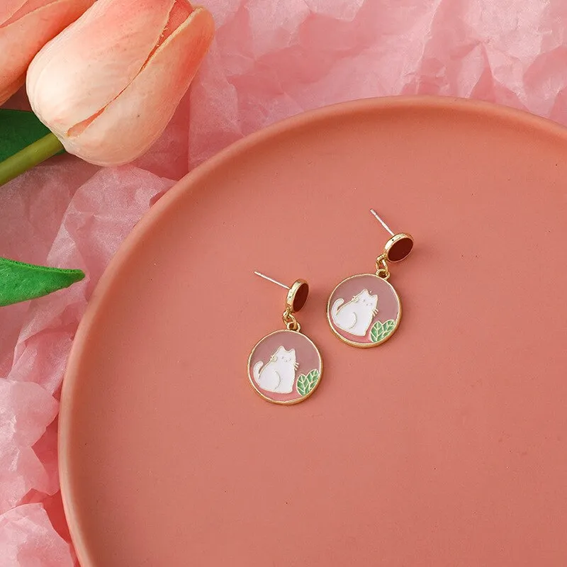 Origin Summer Cute Japanese Cat Dangle Earring for Women Gifts Geometrical Circle Asymmetric Contrast Color Earring Jewelry