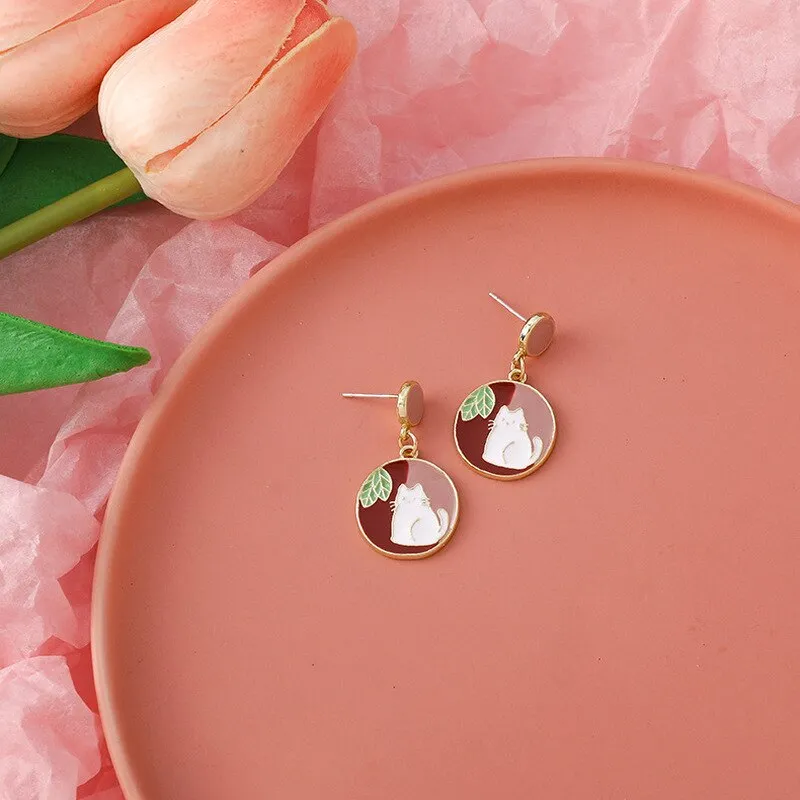 Origin Summer Cute Japanese Cat Dangle Earring for Women Gifts Geometrical Circle Asymmetric Contrast Color Earring Jewelry