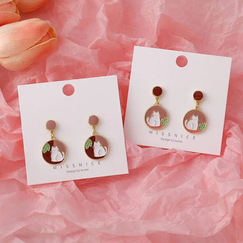 Origin Summer Cute Japanese Cat Dangle Earring for Women Gifts Geometrical Circle Asymmetric Contrast Color Earring Jewelry