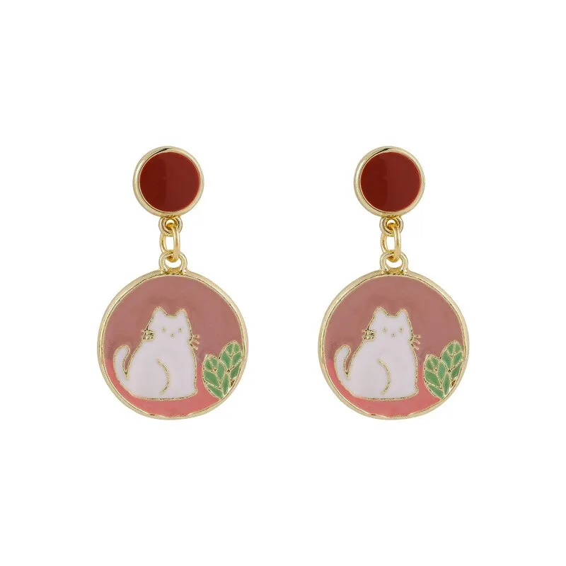 Origin Summer Cute Japanese Cat Dangle Earring for Women Gifts Geometrical Circle Asymmetric Contrast Color Earring Jewelry
