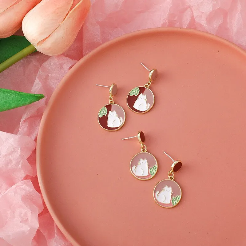 Origin Summer Cute Japanese Cat Dangle Earring for Women Gifts Geometrical Circle Asymmetric Contrast Color Earring Jewelry