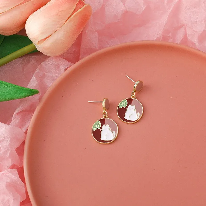 Origin Summer Cute Japanese Cat Dangle Earring for Women Gifts Geometrical Circle Asymmetric Contrast Color Earring Jewelry