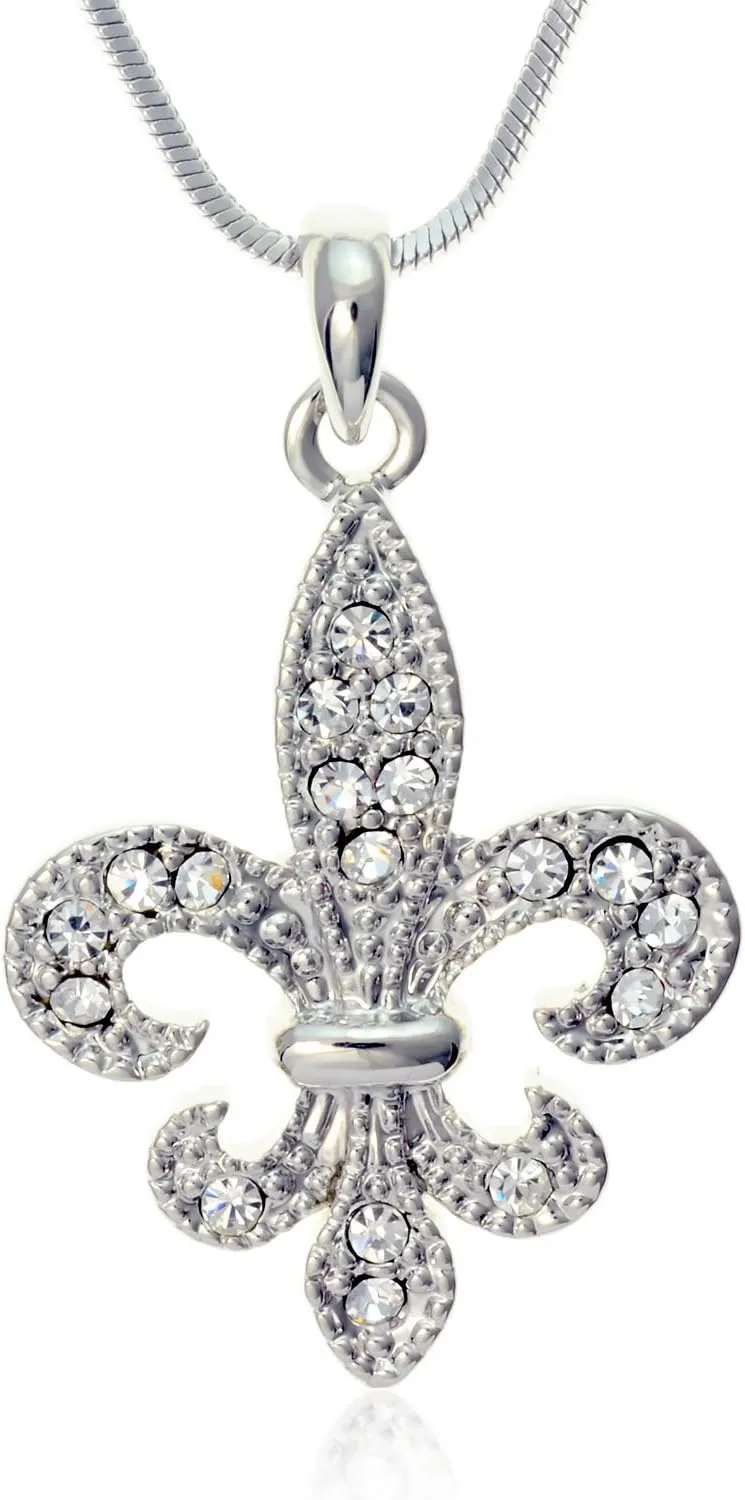 PammyJ Clear Crystal Fleur De Lis Charm Pendant Necklace, 18"