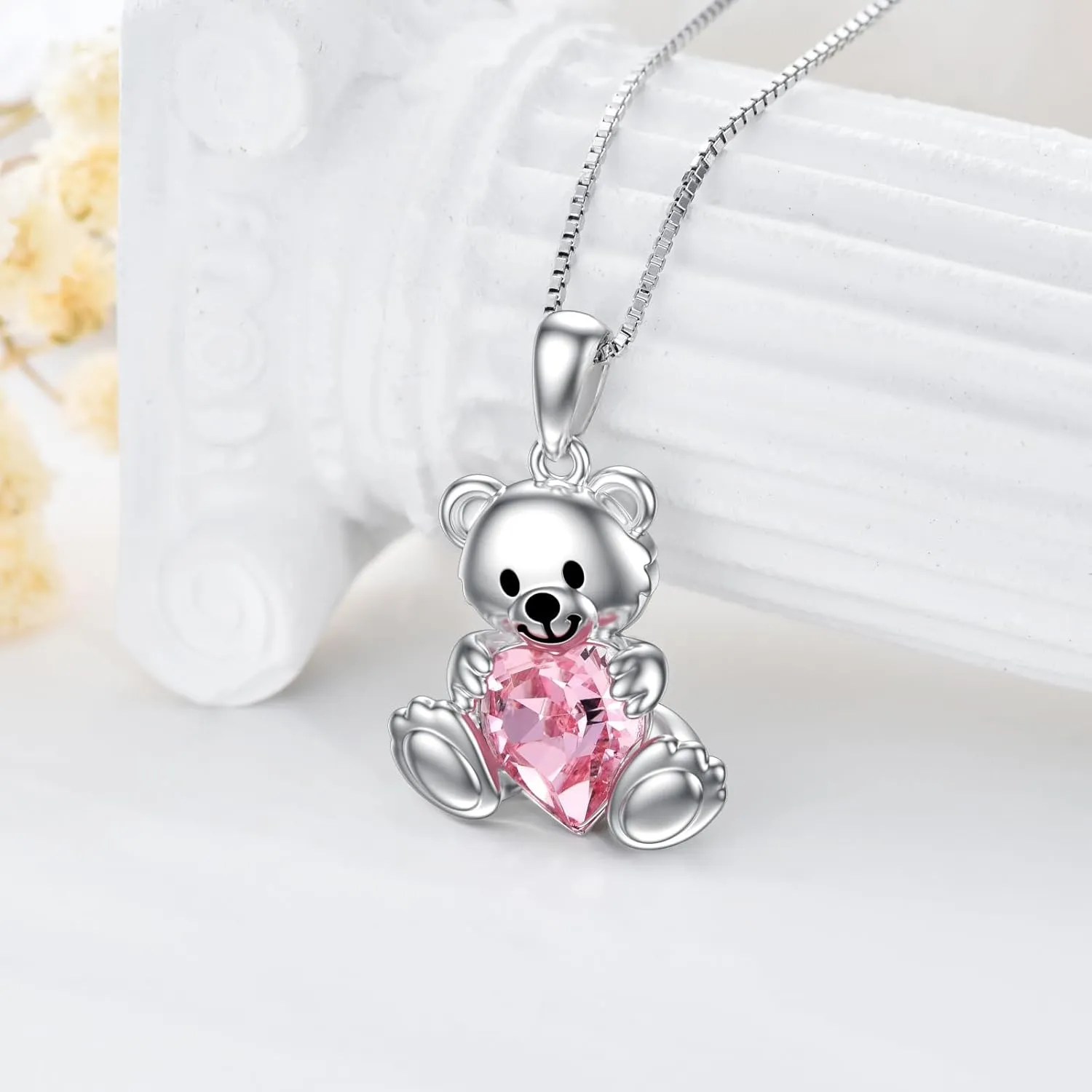 PELOVNY Teddy Bear Crystal Necklace for Women - 925 Sterling Silver Birthstone Jewelry - Birthday, Valentine's Day Gifts for Mom, Daughter, Wife