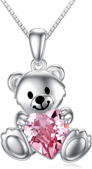 PELOVNY Teddy Bear Crystal Necklace for Women - 925 Sterling Silver Birthstone Jewelry - Birthday, Valentine's Day Gifts for Mom, Daughter, Wife