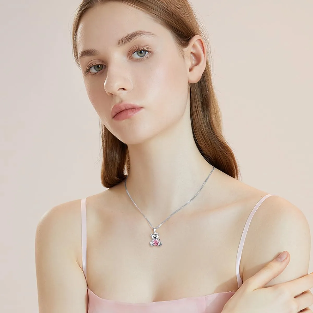 PELOVNY Teddy Bear Crystal Necklace for Women - 925 Sterling Silver Birthstone Jewelry - Birthday, Valentine's Day Gifts for Mom, Daughter, Wife