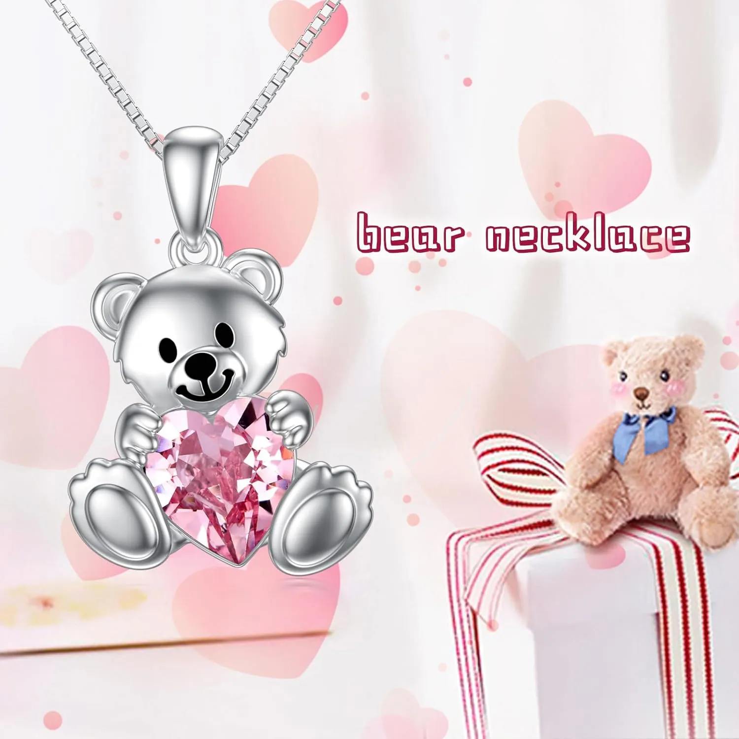 PELOVNY Teddy Bear Crystal Necklace for Women - 925 Sterling Silver Birthstone Jewelry - Birthday, Valentine's Day Gifts for Mom, Daughter, Wife