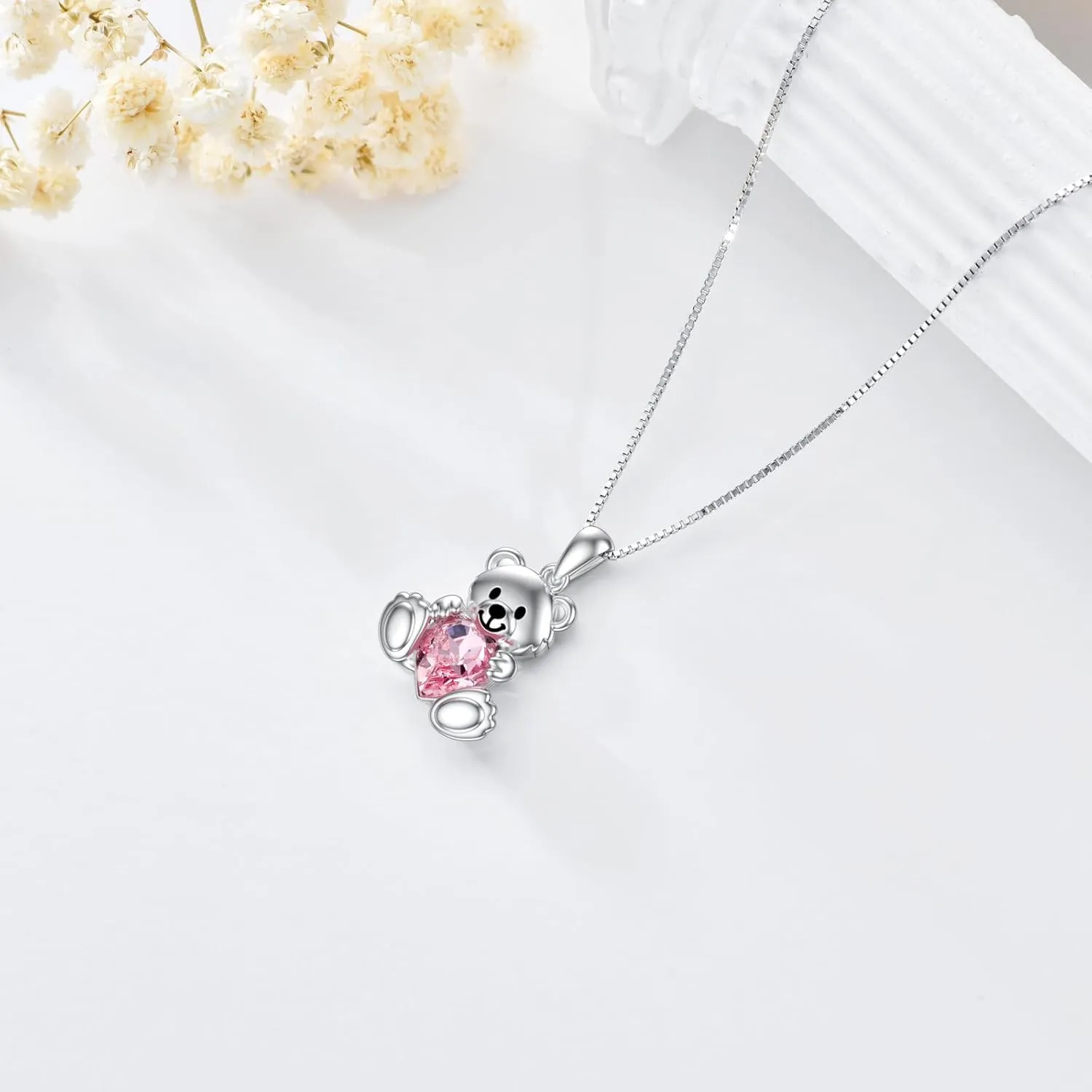 PELOVNY Teddy Bear Crystal Necklace for Women - 925 Sterling Silver Birthstone Jewelry - Birthday, Valentine's Day Gifts for Mom, Daughter, Wife