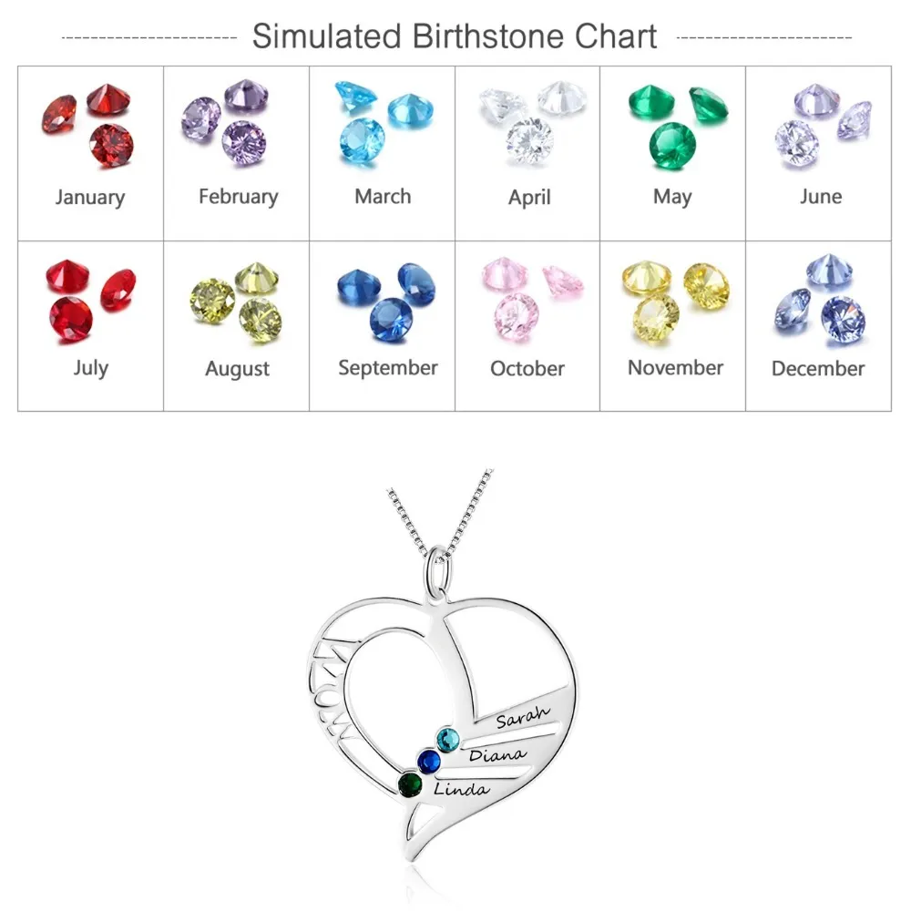 Personalized 3 Birthstones Engrave Pendant