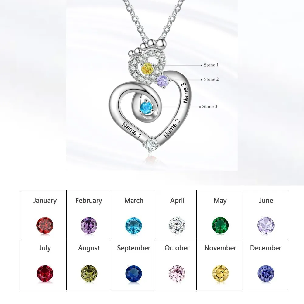 Personalized 3 Names Baby Feet Zircon Heart-Shaped Pendant
