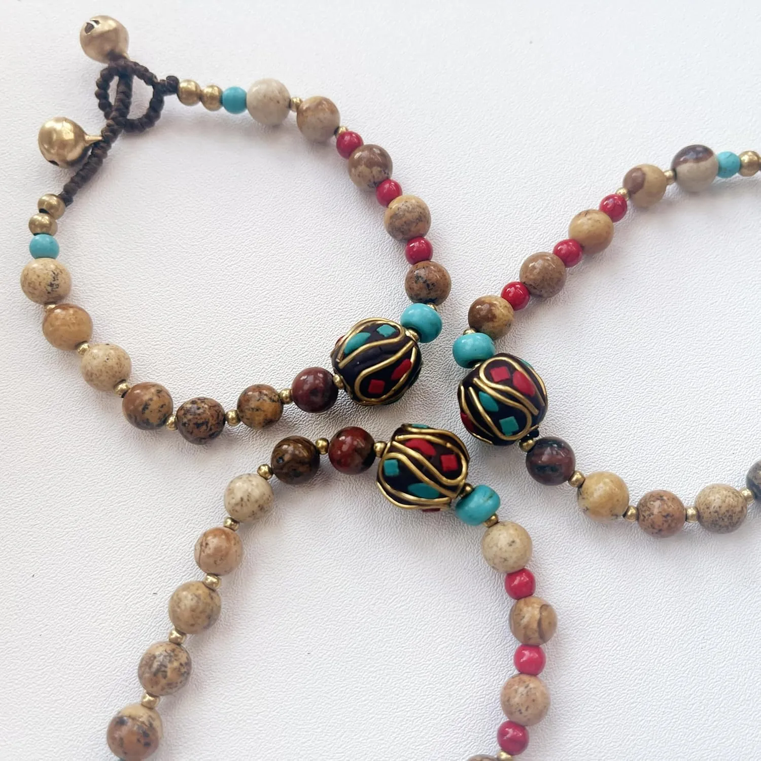Petite Adjustable Boho Bracelet for Small Wrists 6-7.5 Inch - Handmade Nepalese Buddhist Prayer Bracelet with Elephant Charm, Brass Bell, Turquoise Stone & Tibetan Mantra Beads, Spiritual Lucky Gift