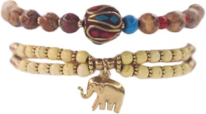 Petite Adjustable Boho Bracelet for Small Wrists 6-7.5 Inch - Handmade Nepalese Buddhist Prayer Bracelet with Elephant Charm, Brass Bell, Turquoise Stone & Tibetan Mantra Beads, Spiritual Lucky Gift