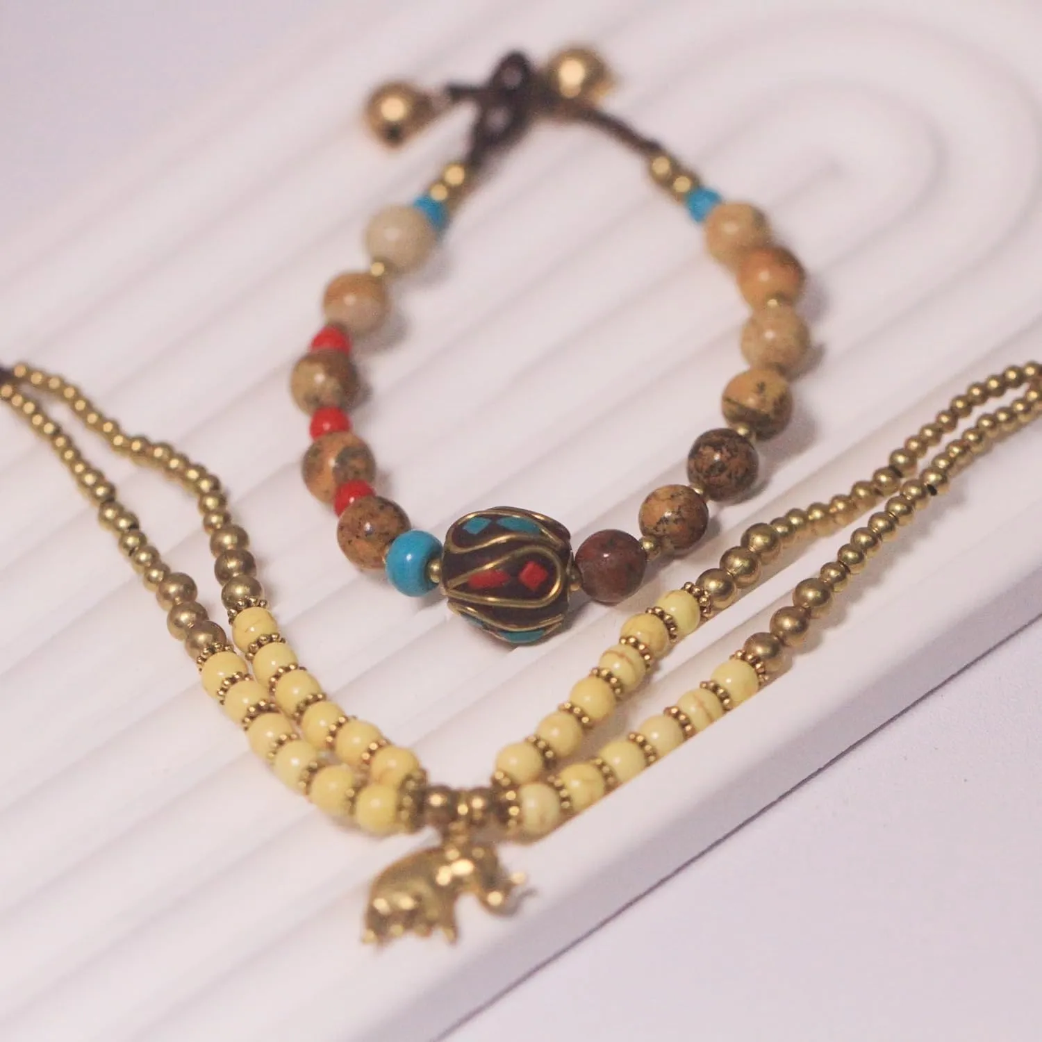 Petite Adjustable Boho Bracelet for Small Wrists 6-7.5 Inch - Handmade Nepalese Buddhist Prayer Bracelet with Elephant Charm, Brass Bell, Turquoise Stone & Tibetan Mantra Beads, Spiritual Lucky Gift