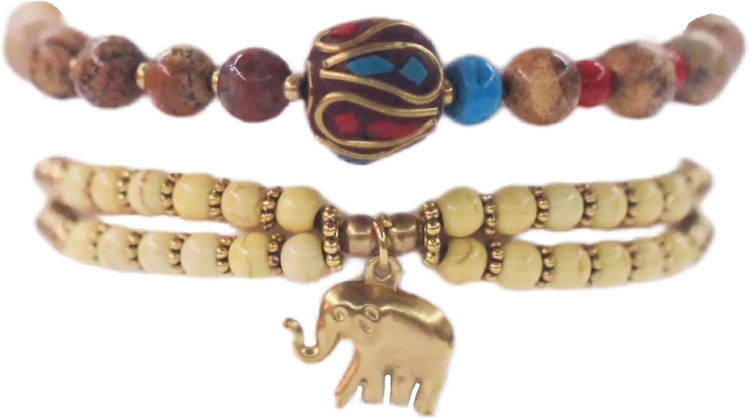 Petite Adjustable Boho Bracelet for Small Wrists 6-7.5 Inch - Handmade Nepalese Buddhist Prayer Bracelet with Elephant Charm, Brass Bell, Turquoise Stone & Tibetan Mantra Beads, Spiritual Lucky Gift