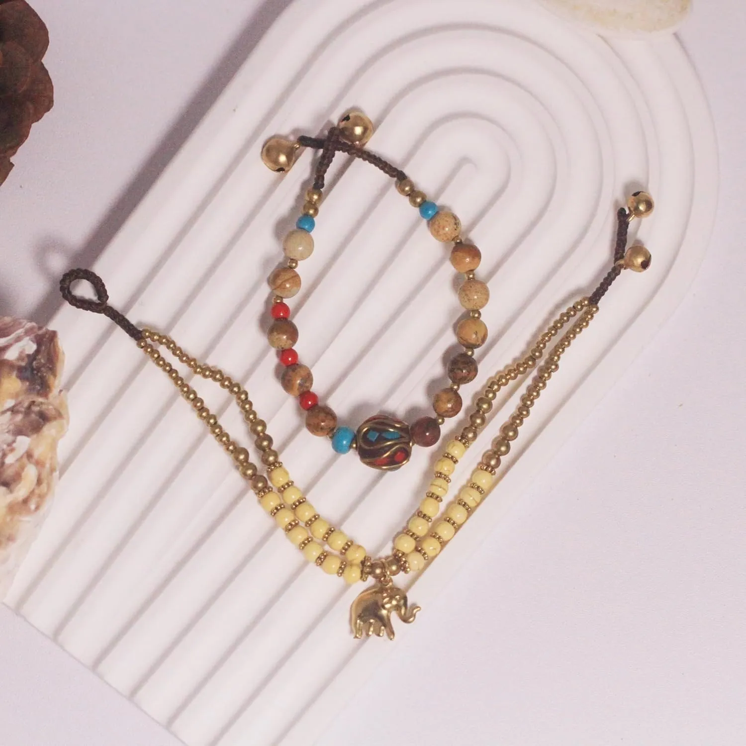Petite Adjustable Boho Bracelet for Small Wrists 6-7.5 Inch - Handmade Nepalese Buddhist Prayer Bracelet with Elephant Charm, Brass Bell, Turquoise Stone & Tibetan Mantra Beads, Spiritual Lucky Gift