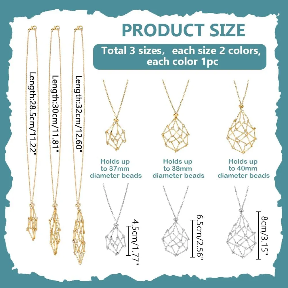 PH PandaHall 3 Sizes 6pcs Crystal Holder Necklace Gemstone Cage Mesh Pendant Empty Stone Holder Replacement Handmade Necklace Cord Pendant with Adjustable Length for Jewelry DIY Women