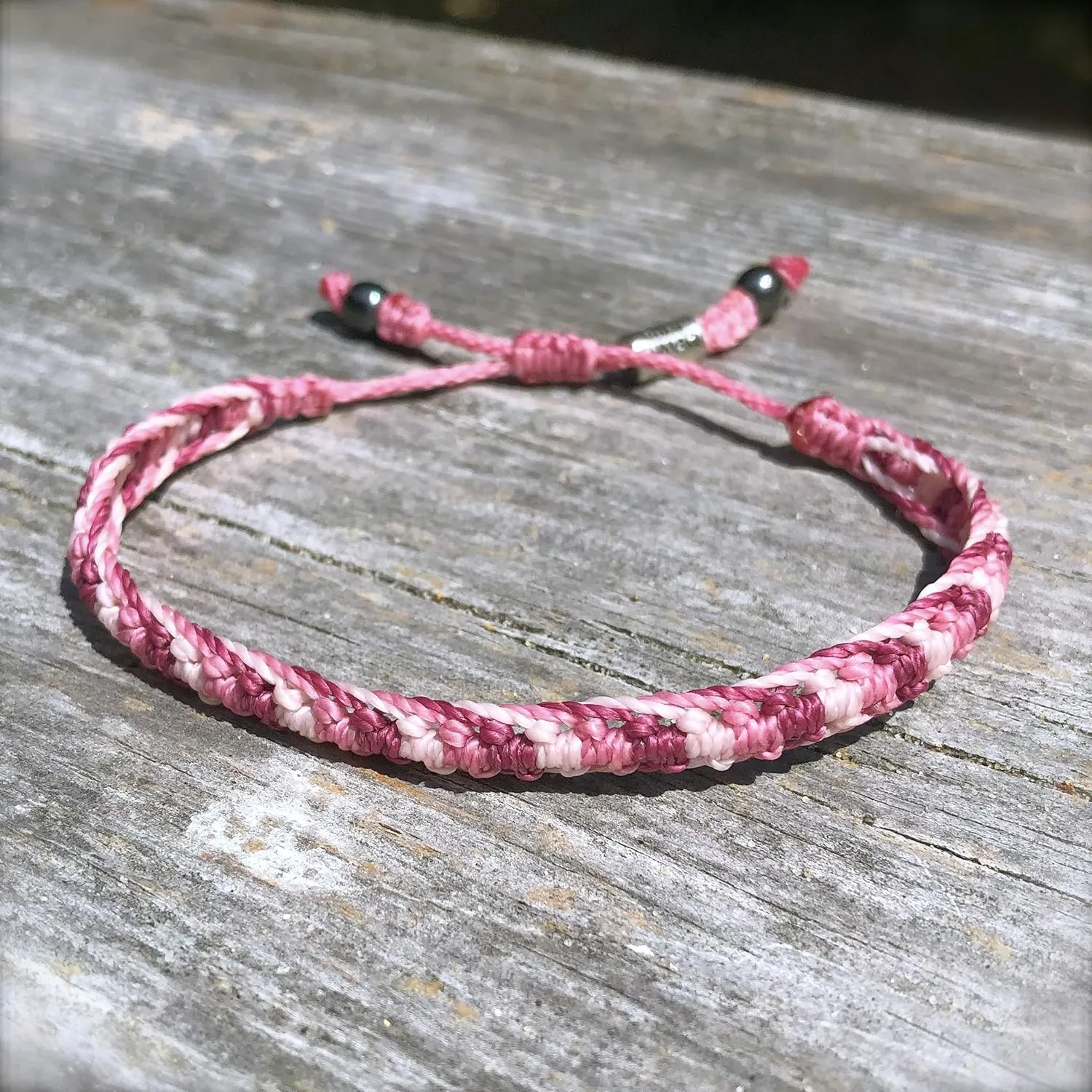 Pink Woven Bracelet Braided Rope Bracelet with Hematite Stones Drawstring Adjustable Friendship Bracelet for Custom Sized for Men Women and Kids