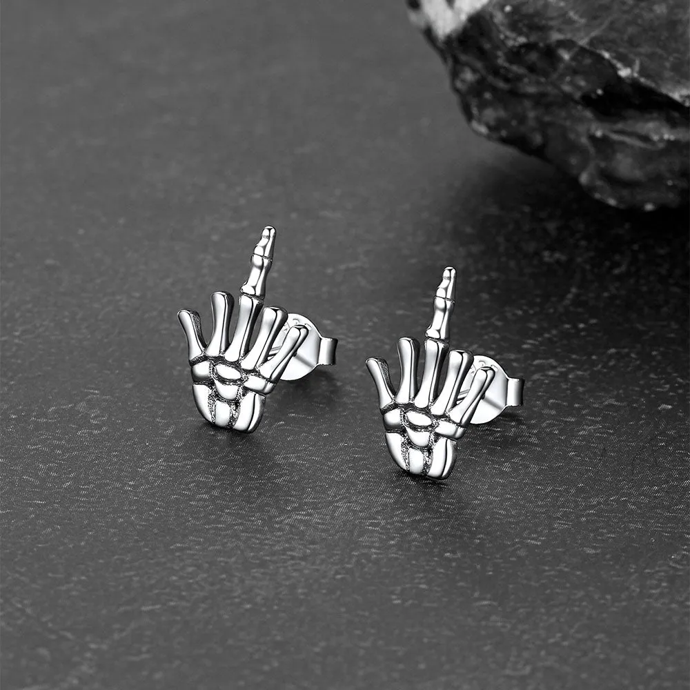 Punk Middle Finger Skeleton Stud Earrings