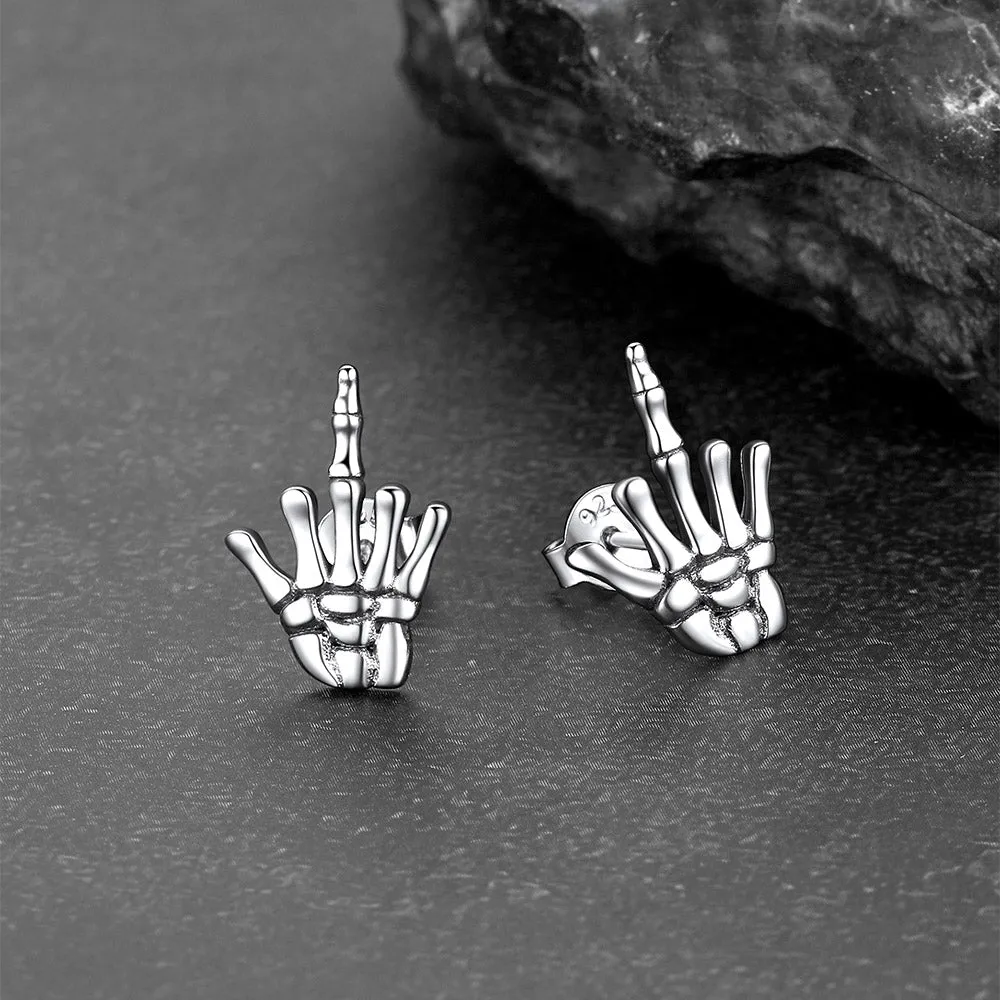 Punk Middle Finger Skeleton Stud Earrings