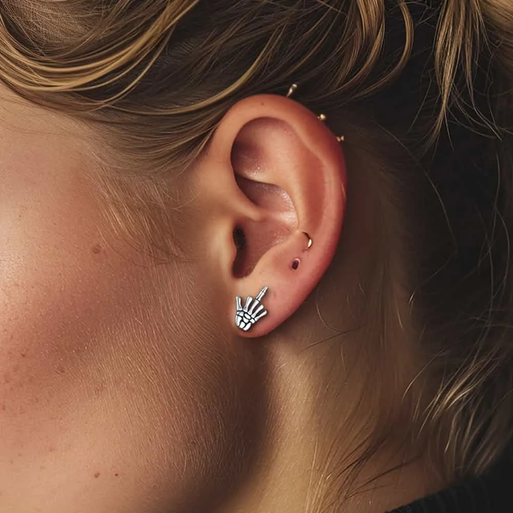 Punk Middle Finger Skeleton Stud Earrings