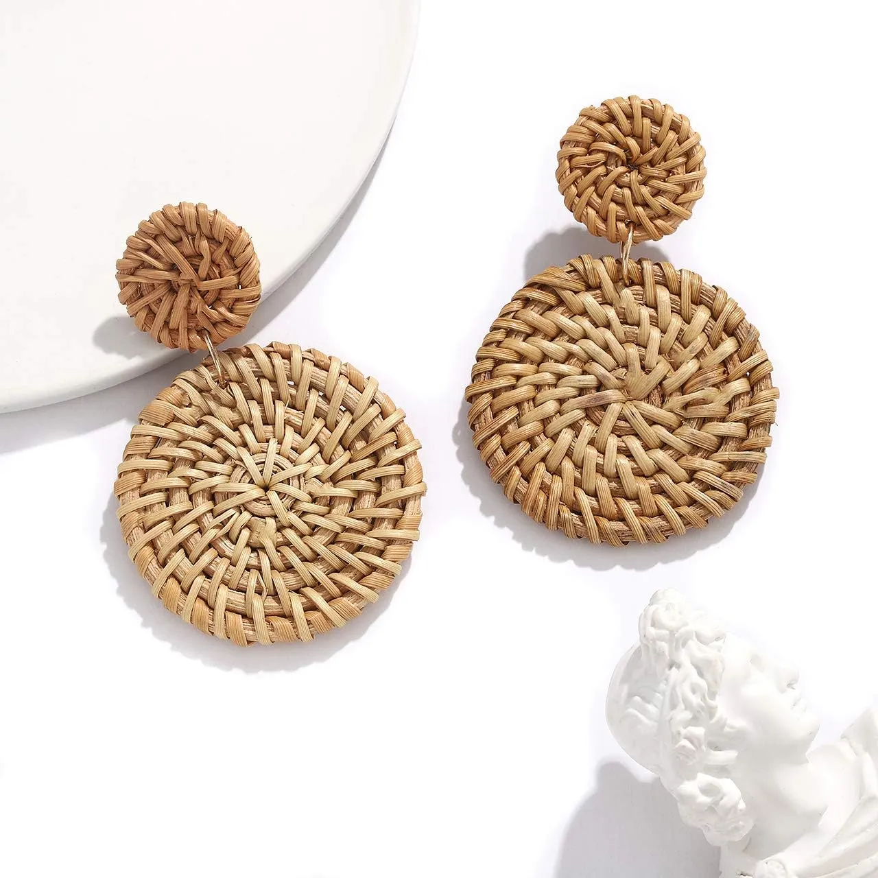 Rattan Earrings for Women Handmade Lightweight Wicker Straw Stud Earrings Statement Weaving Braid Drop Dangle Earring