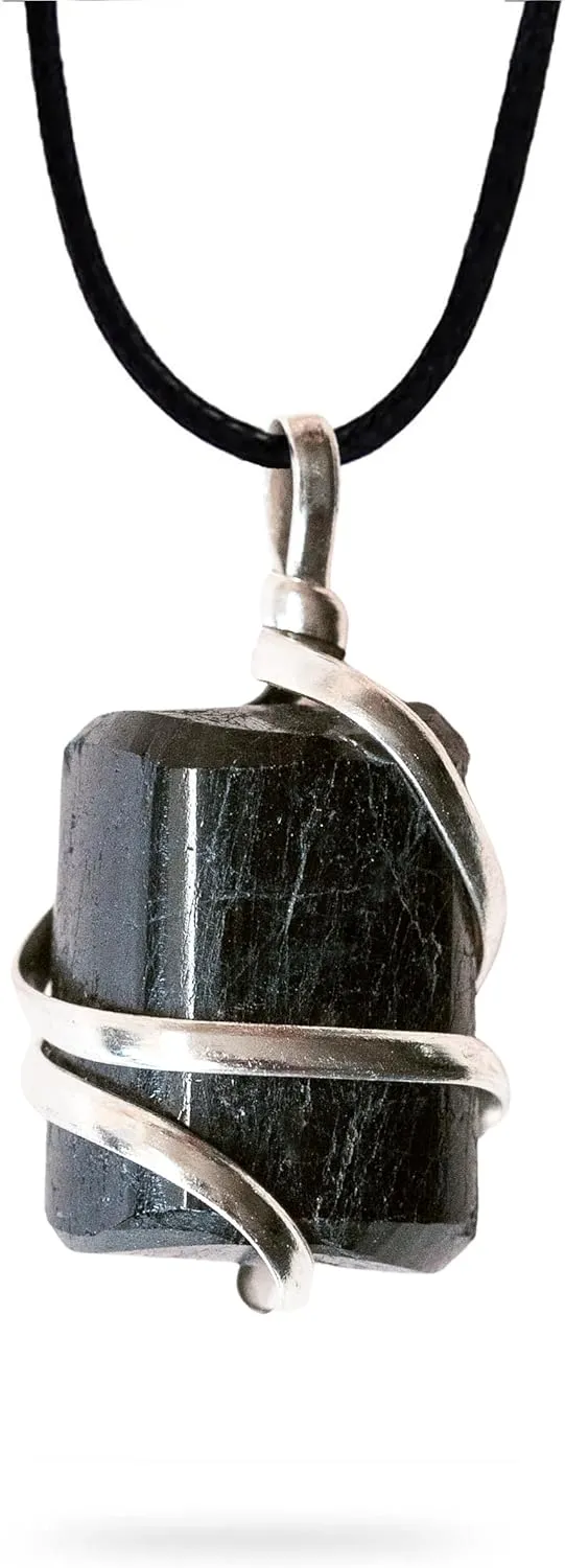 Raw Black Tourmaline Crystal Healing Pendant Necklace Protection Negative Energy Cleanser Natural Stress Aid Soothe Mind Emotions - Authentic Wrapped Tumble Stone Chakra Healing Charm