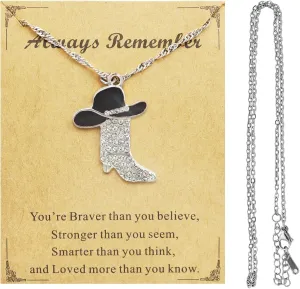 RechicGu Sparkly Rhinestone Western Boots Pendant Cowgirl Cowboy Necklace with Extra Stainless Steel Chain, Enamel Hat Bohemian Rodeo Boot Charm Jewelry Gift for Women,2pcs
