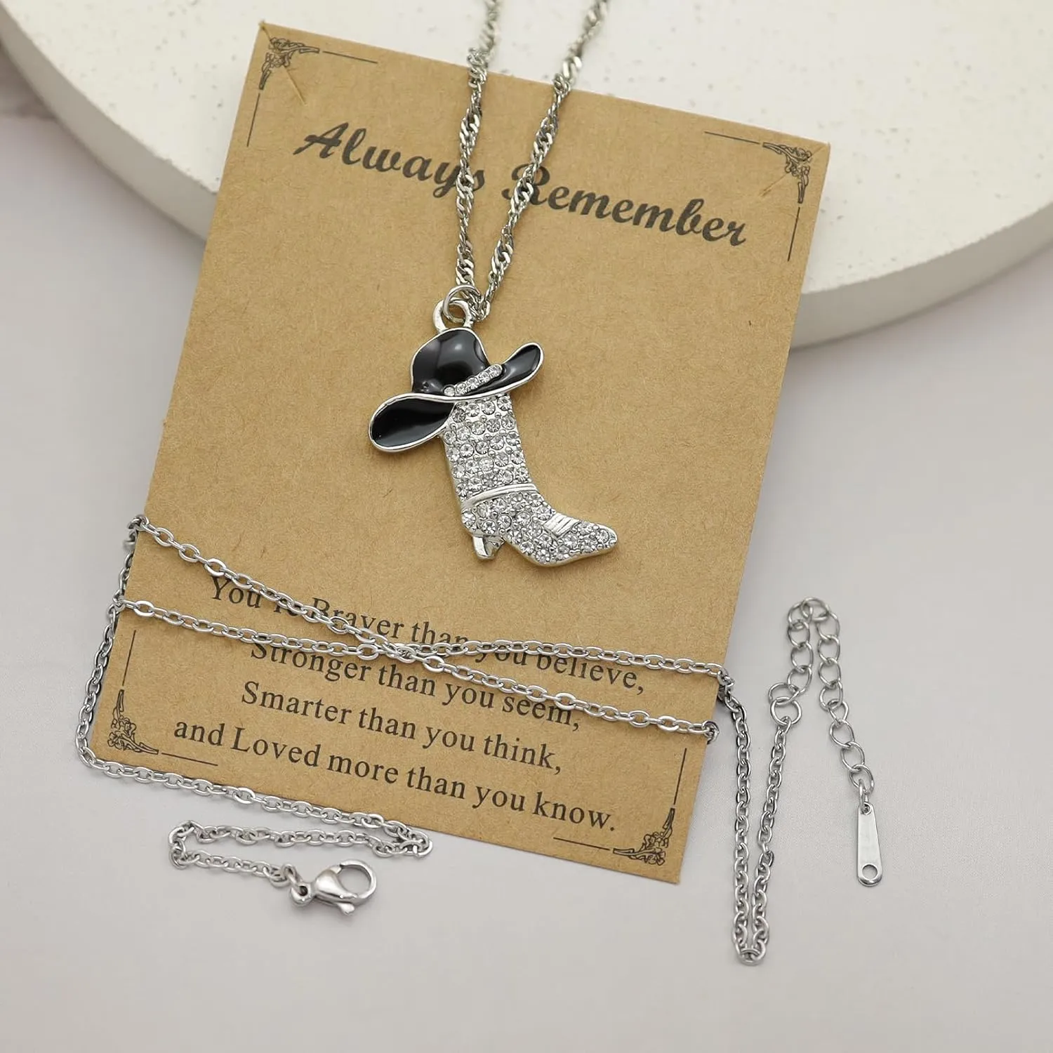 RechicGu Sparkly Rhinestone Western Boots Pendant Cowgirl Cowboy Necklace with Extra Stainless Steel Chain, Enamel Hat Bohemian Rodeo Boot Charm Jewelry Gift for Women,2pcs