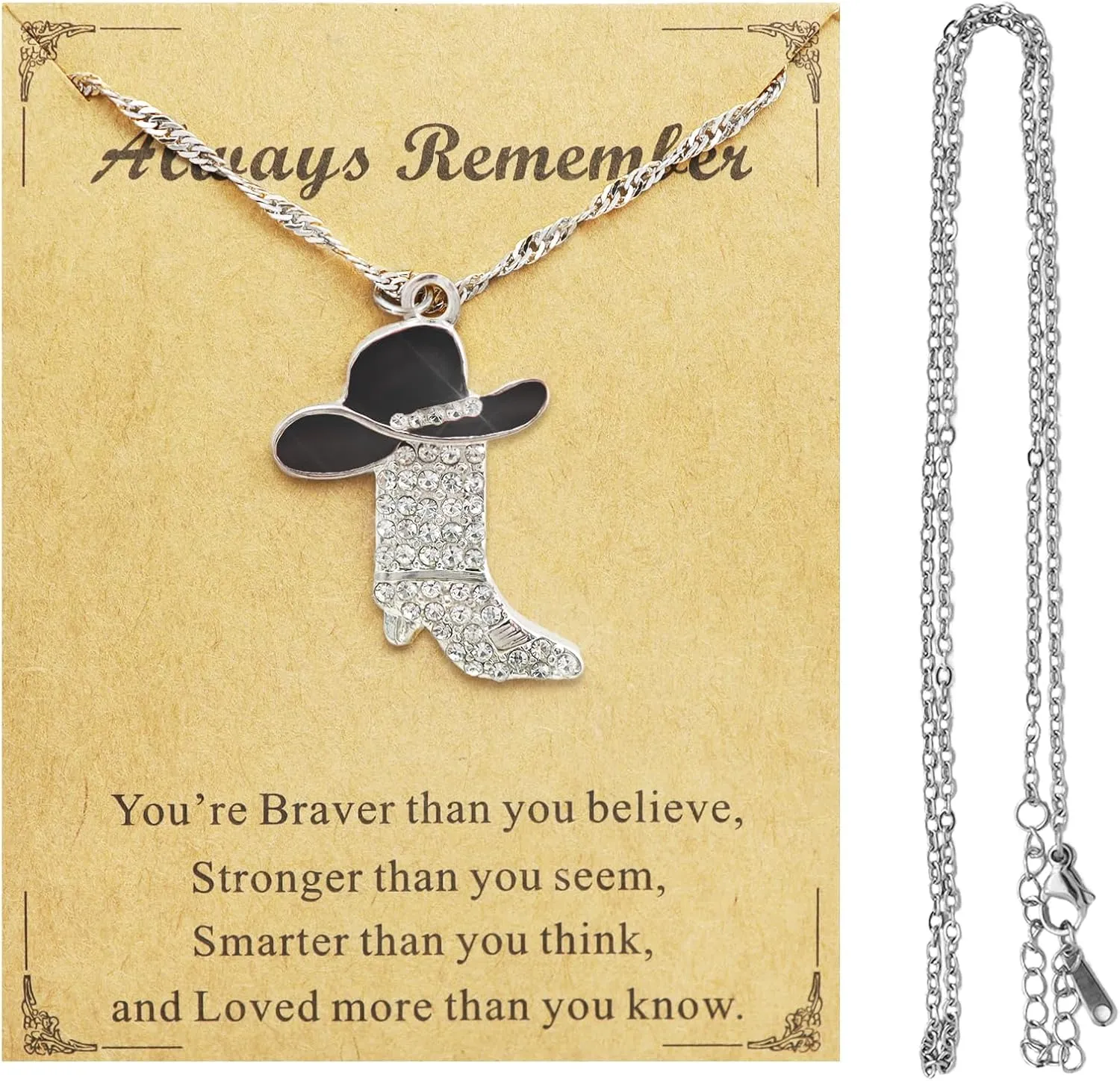RechicGu Sparkly Rhinestone Western Boots Pendant Cowgirl Cowboy Necklace with Extra Stainless Steel Chain, Enamel Hat Bohemian Rodeo Boot Charm Jewelry Gift for Women,2pcs
