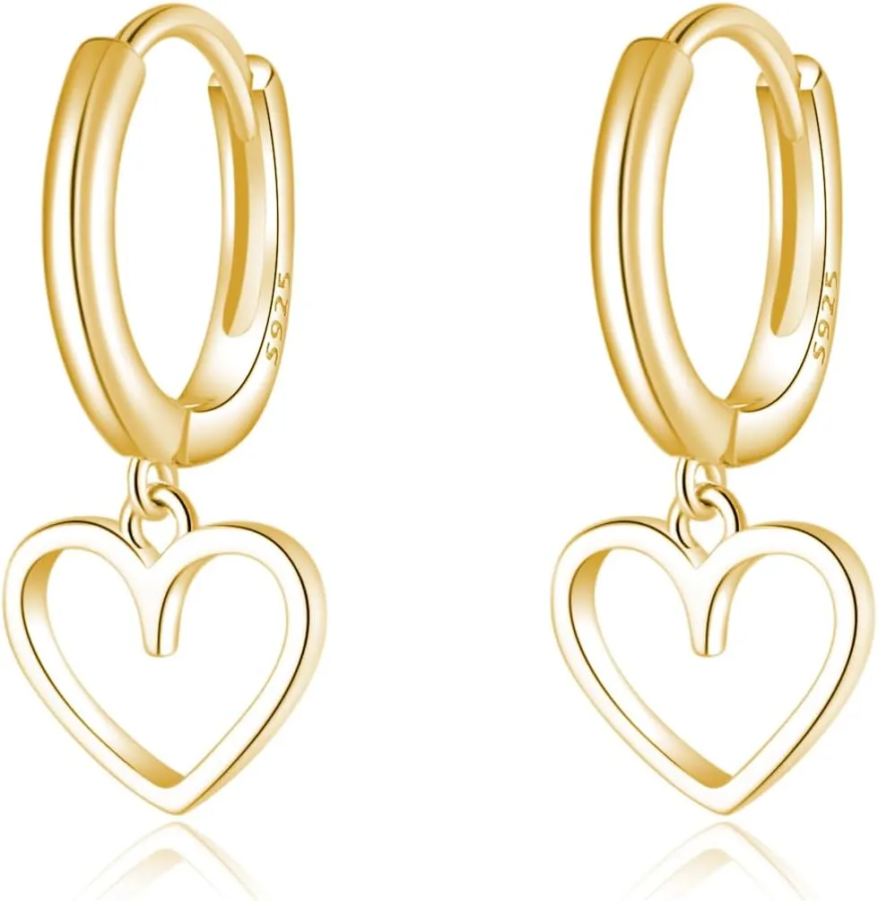 Reffeer Solid 925 Sterling Silver Heart Drop Earrings Hoop for Women Teens Heart Hoop Earrings Huggie Drop Earrings