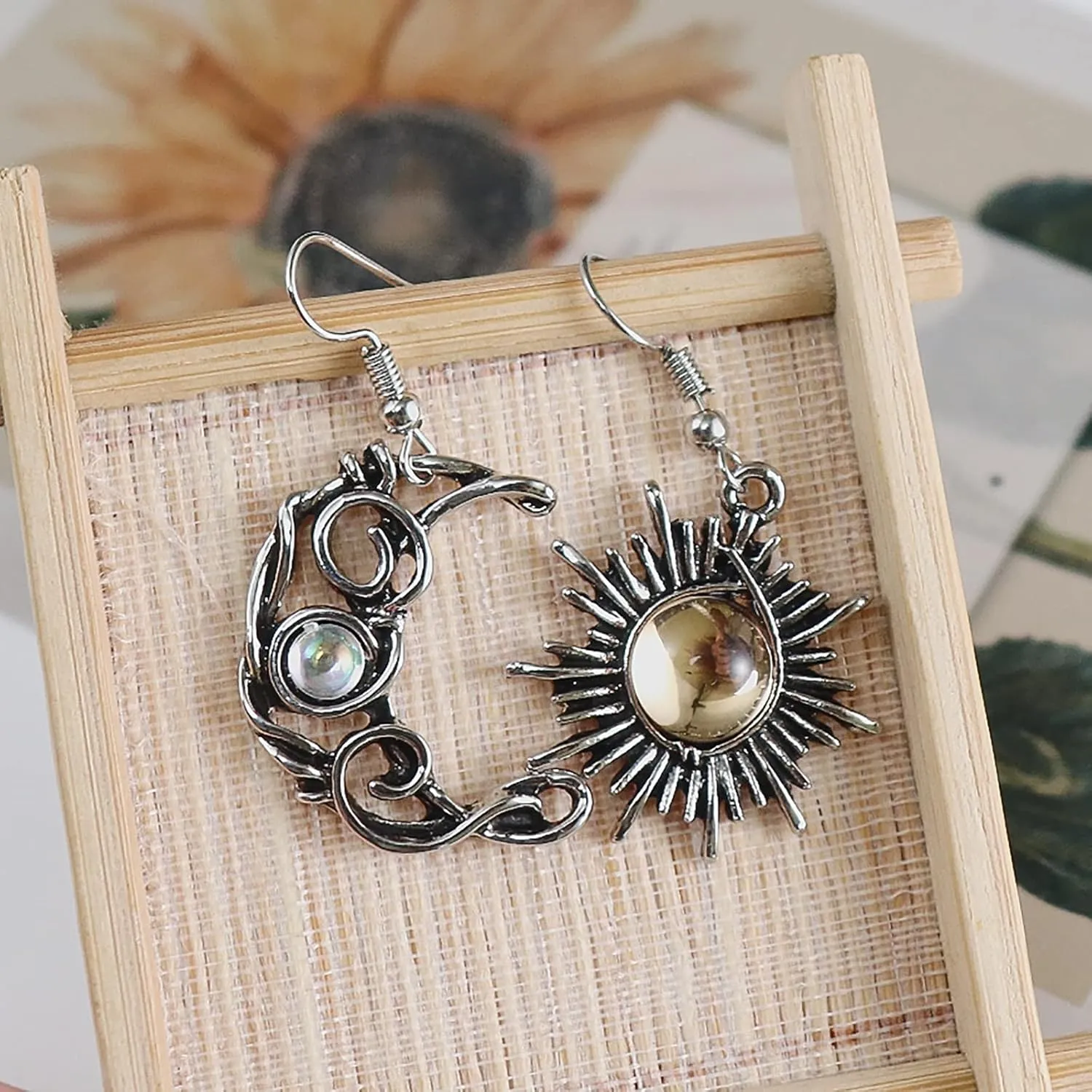 Retro Sun Moon Earrings & Necklace Moonstone Asymmetric Boho style Earrings for Women Jewelry