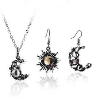 Retro Sun Moon Earrings & Necklace Moonstone Asymmetric Boho style Earrings for Women Jewelry