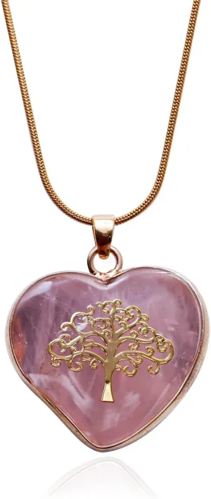 Rose Quartz Pendant Necklace With Heart & Tree Of Life Charm - Gold Stainless Steel Adjustable Chain 40 5Cm, Energy Jewelry