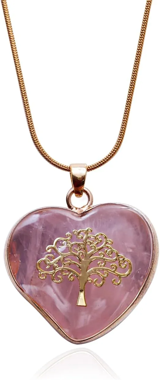 Rose Quartz Pendant Necklace With Heart & Tree Of Life Charm - Gold Stainless Steel Adjustable Chain 40 5Cm, Energy Jewelry