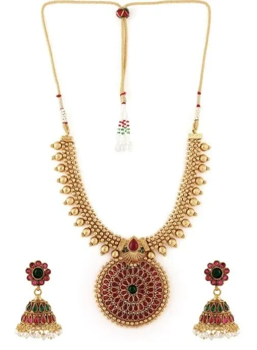 Rubans Traditional Gold Plated Faux Ruby And Emerald Studded Necklace Set