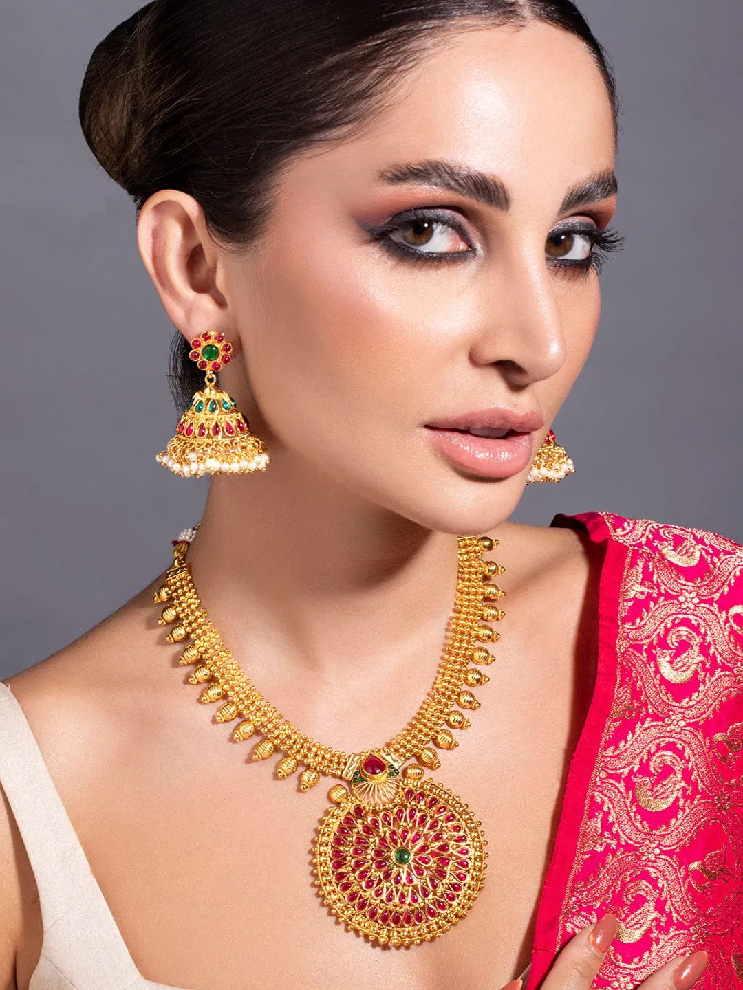 Rubans Traditional Gold Plated Faux Ruby And Emerald Studded Necklace Set