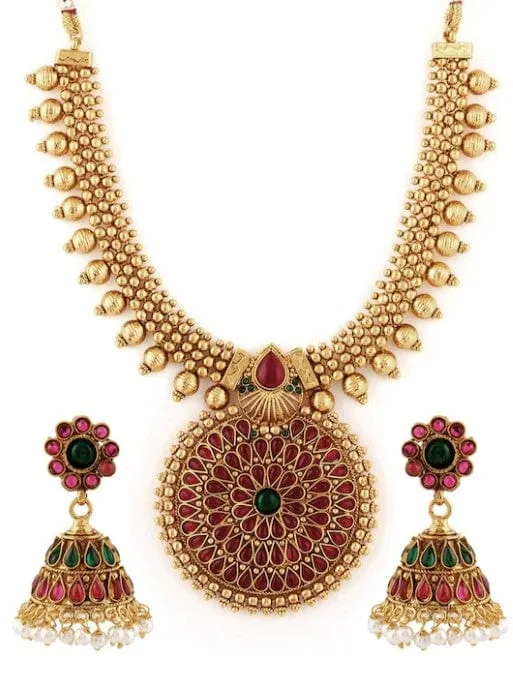 Rubans Traditional Gold Plated Faux Ruby And Emerald Studded Necklace Set