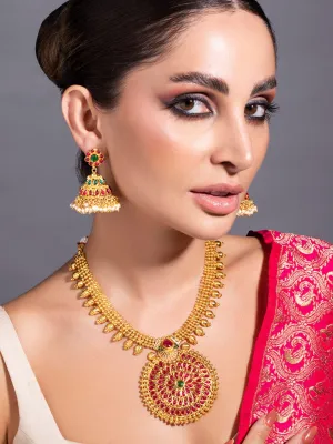 Rubans Traditional Gold Plated Faux Ruby And Emerald Studded Necklace Set