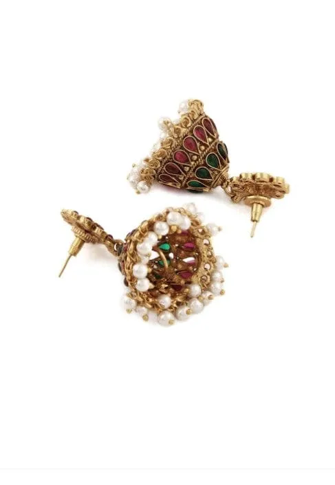 Rubans Traditional Gold Plated Faux Ruby And Emerald Studded Necklace Set