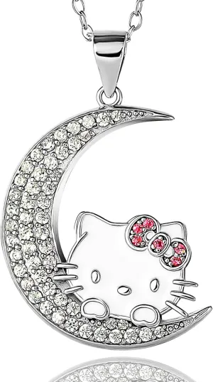 SALLY ROSE Hello Kitty Moon Cubic Zirconia Pendant Necklace Official License, 18" Sterling Silver Hello Kitty Necklace for Women