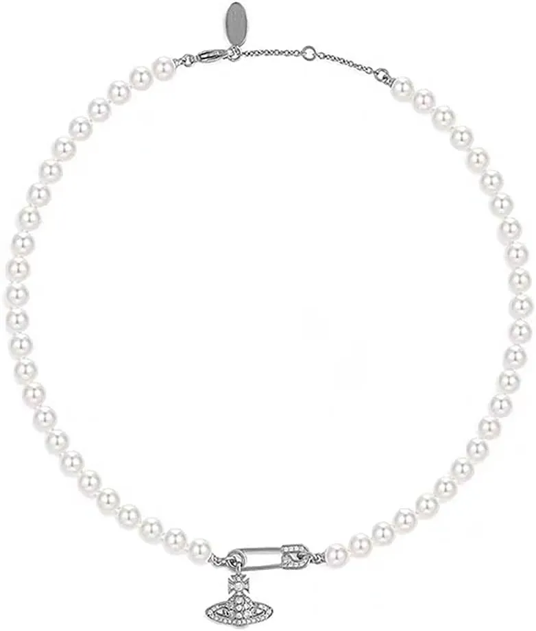 Saturn Necklace for Women White Pearl Pendant Necklace Pin Diamond Planet Adjustable Necklace for Women Jewelry Gifts Birthday Anniversary