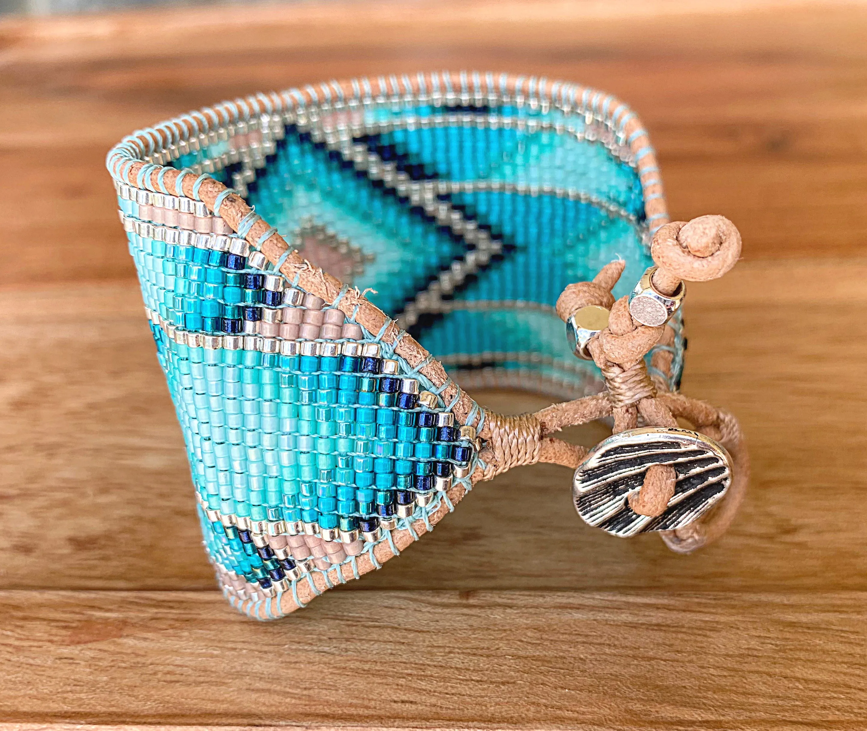 Seafoam Bead Loom Woven Wide Beaded Cuff Bracelet