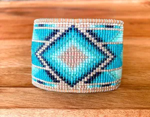 Seafoam Bead Loom Woven Wide Beaded Cuff Bracelet