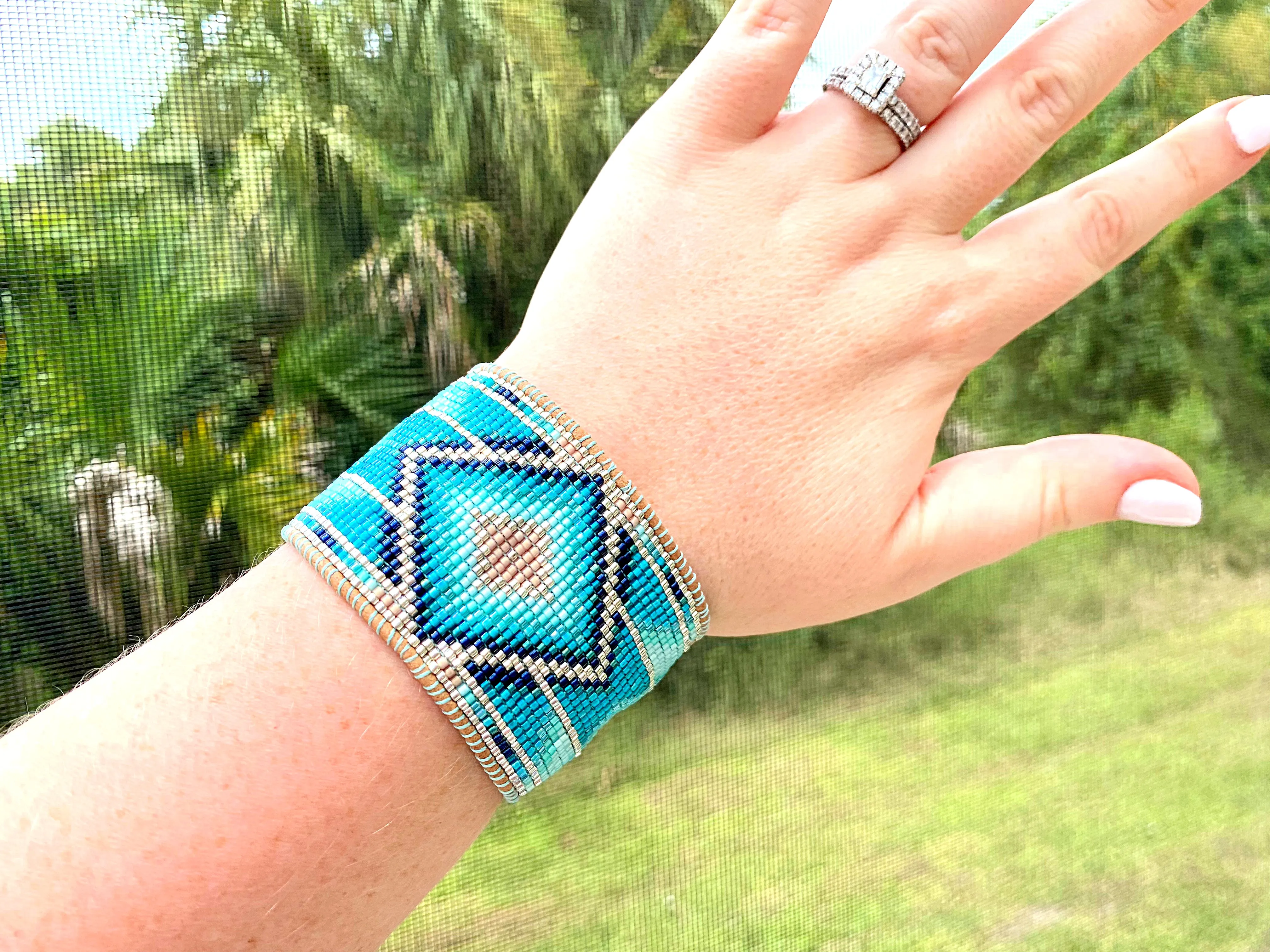 Seafoam Bead Loom Woven Wide Beaded Cuff Bracelet