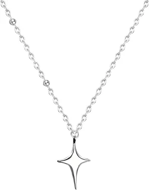 Silver Color Cross Star Drop Necklace For Women Minimalist Asymmetric Four Pointed Star Clavicle Chain Necklace Jewelry-K47, 18-22 inch