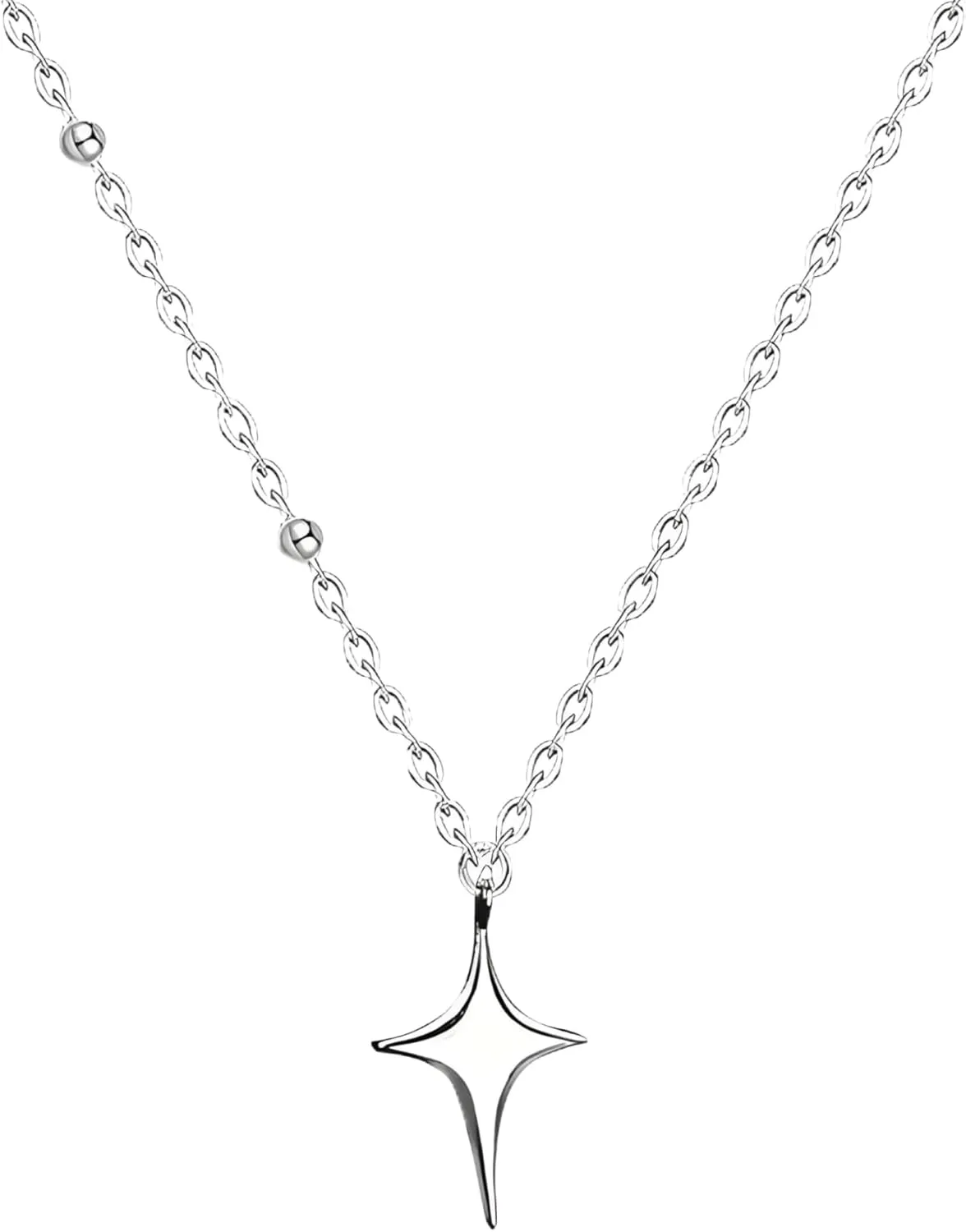 Silver Color Cross Star Drop Necklace For Women Minimalist Asymmetric Four Pointed Star Clavicle Chain Necklace Jewelry-K47, 18-22 inch