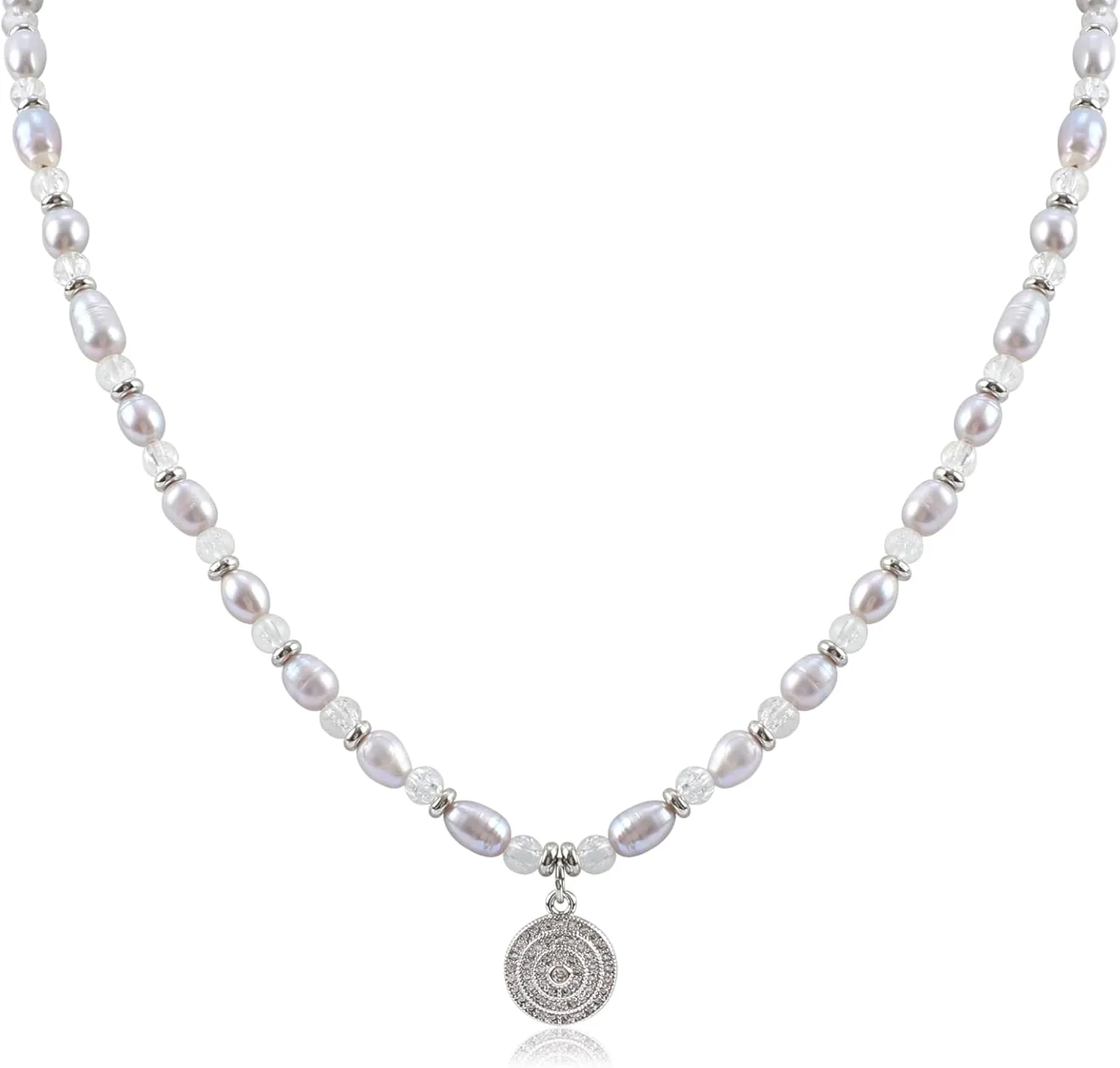 Silver Pearl Necklace for Women with Round Pendant Beaded Choker Necklace with Charm Elegant Grey Baroque Pearl Statement Necklace Trendy Adjustable Summer Party Wedding Jewelry Gift for Women
