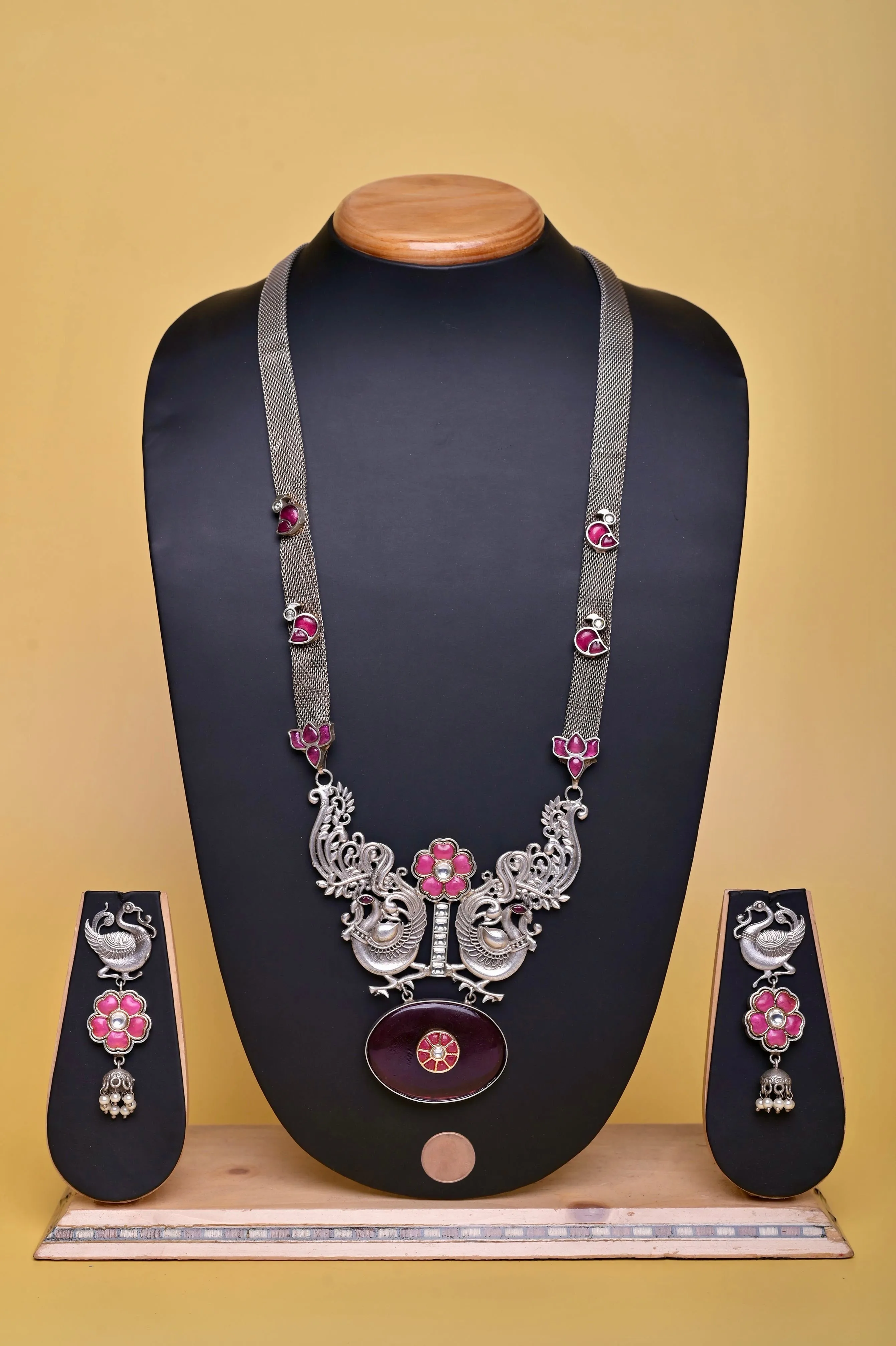 Sitahar Style Silver Necklace Set with Pachi Kundan Work